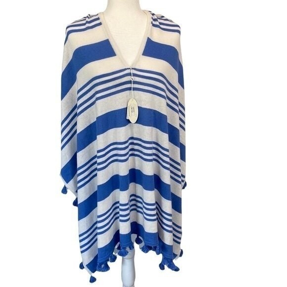 Caroline Grace Stripe Tassel Cashmere Blend Knit Poncho Shrug Topper White Wave - Picture 1 of 14